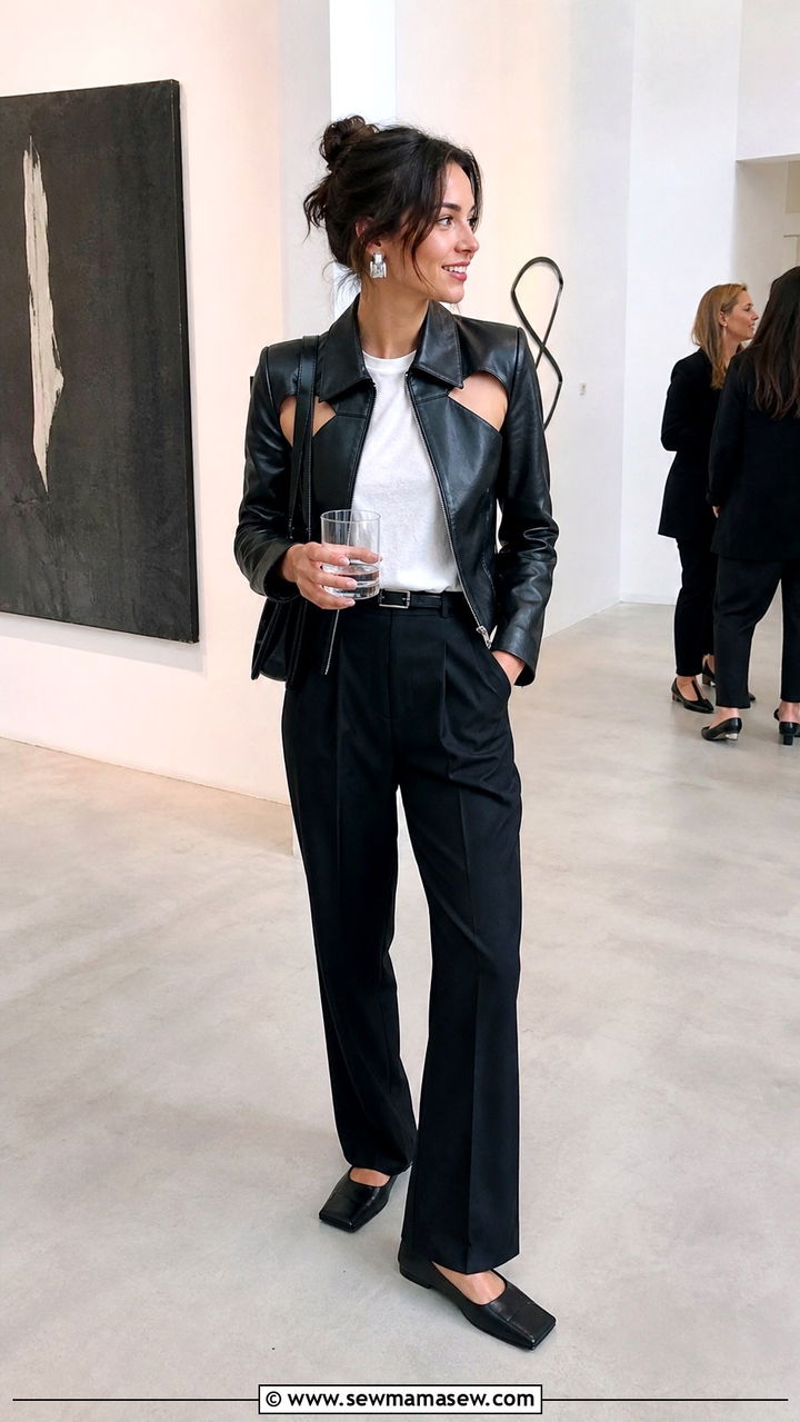 Leather Jacket With a White Tee and Tailored Trousers - 20 Art gallery opening outfit ideas