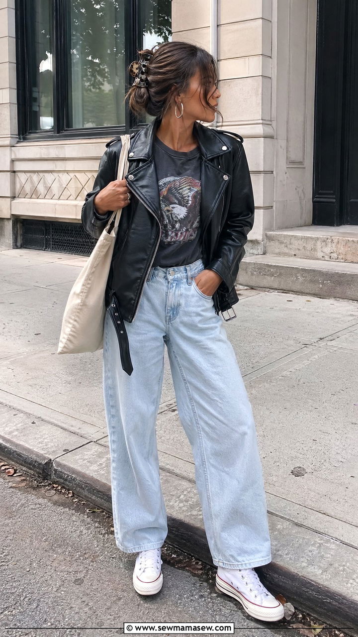 Leather Jacket and Baggy Jeans Outfit - 35 Downtown girl outfit ideas