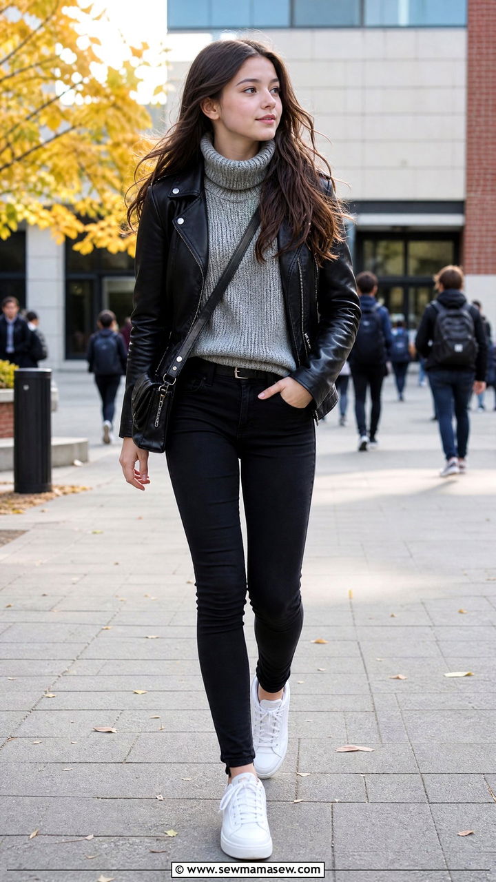 Leather Jacket and Chunky Turtleneck Outfit - 25 First day of high school outfit ideas