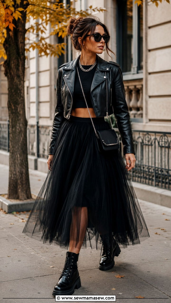 Leather Jacket and Crop Top with a Tulle Skirt - 20 Tulle skirt outfit ideas with a crop top