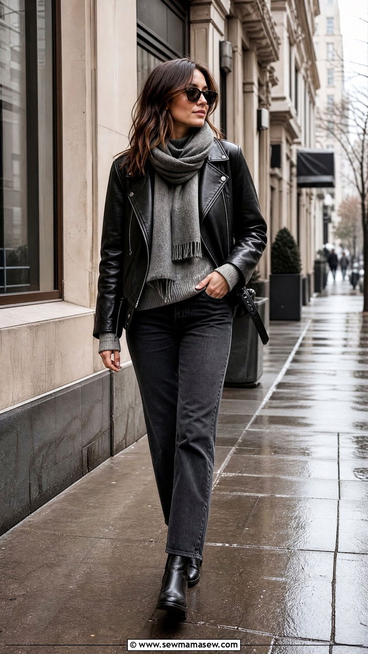 Leather Jacket and Dark Denim Spring Rain Outfit - 25 Spring rain outfit ideas