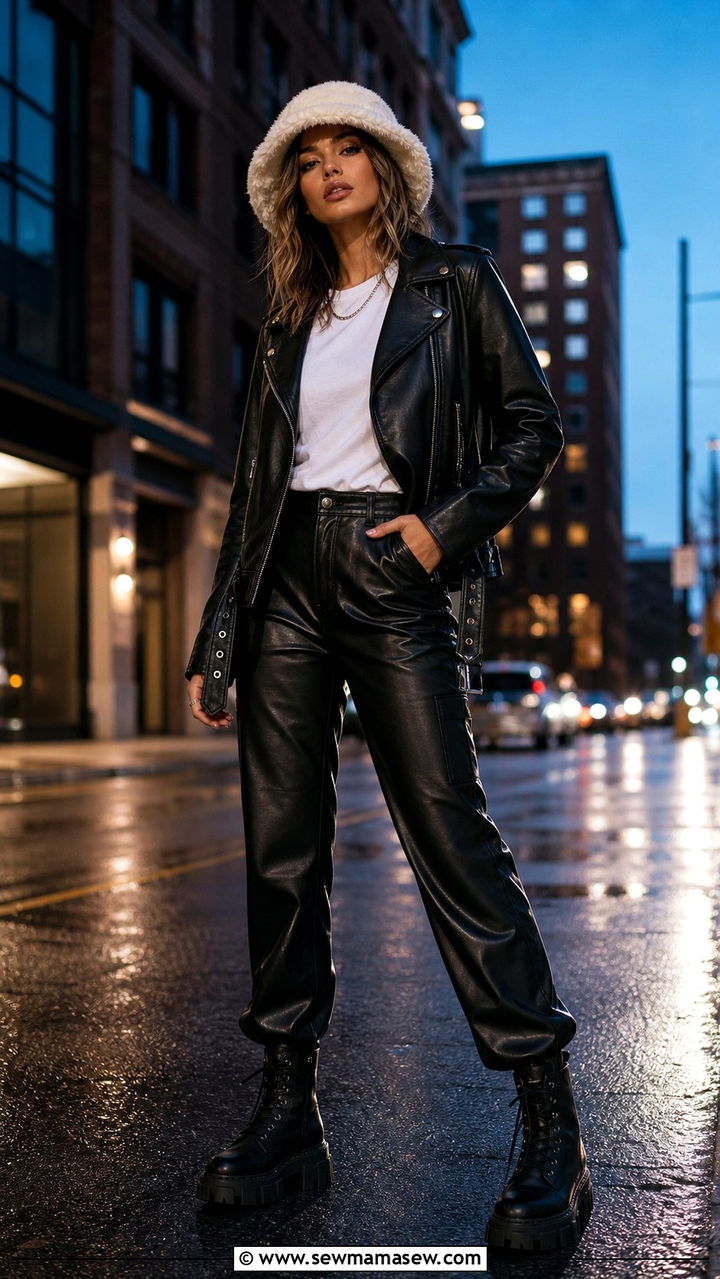 Leather Jacket and Faux Fur Bucket Hat - 35 Bucket hat outfit ideas