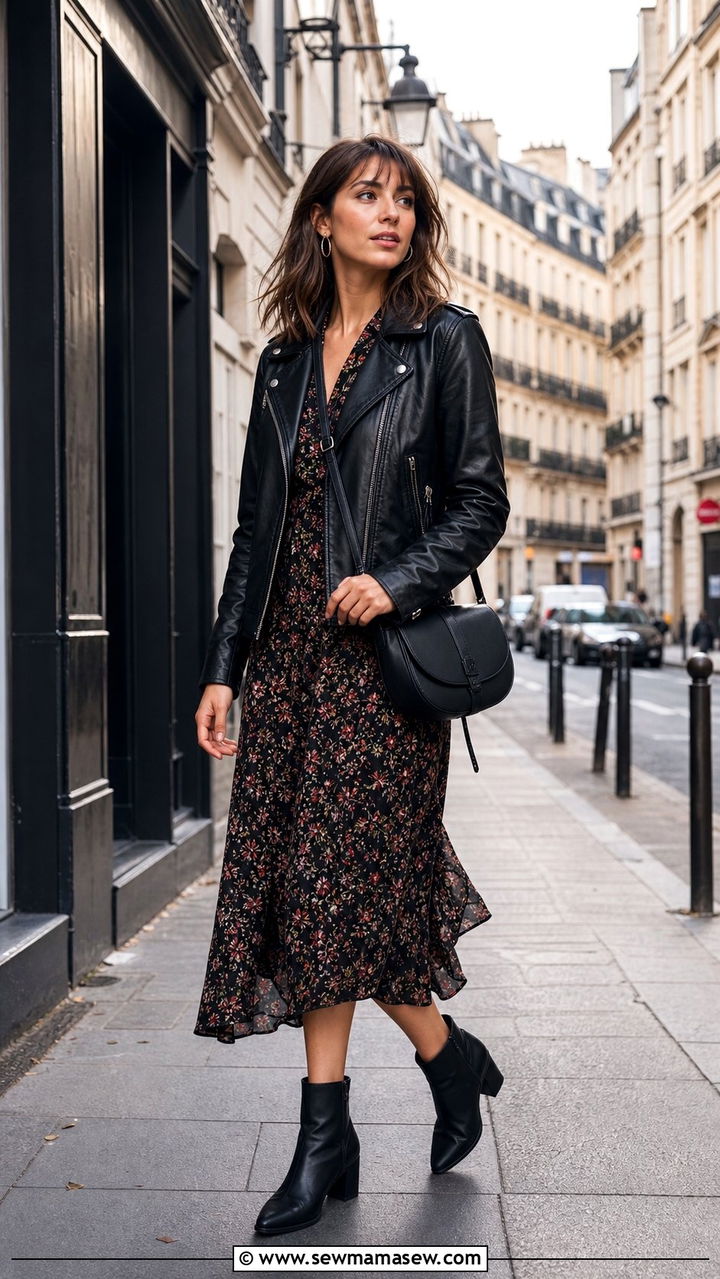 Leather Jacket and Floral Dress French Girl Outfit - 25 cute French girl outfits