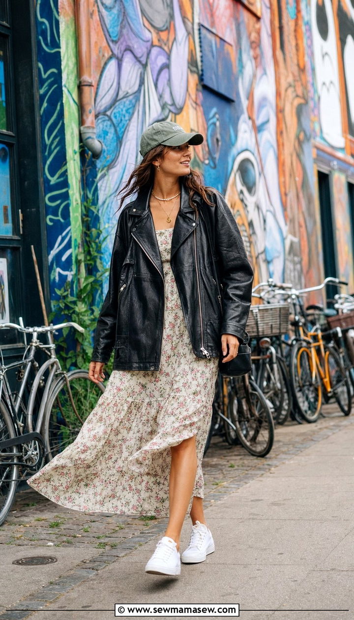 Leather Jacket and Floral Dress Outfit - 25 Copenhagen outfits aesthetic