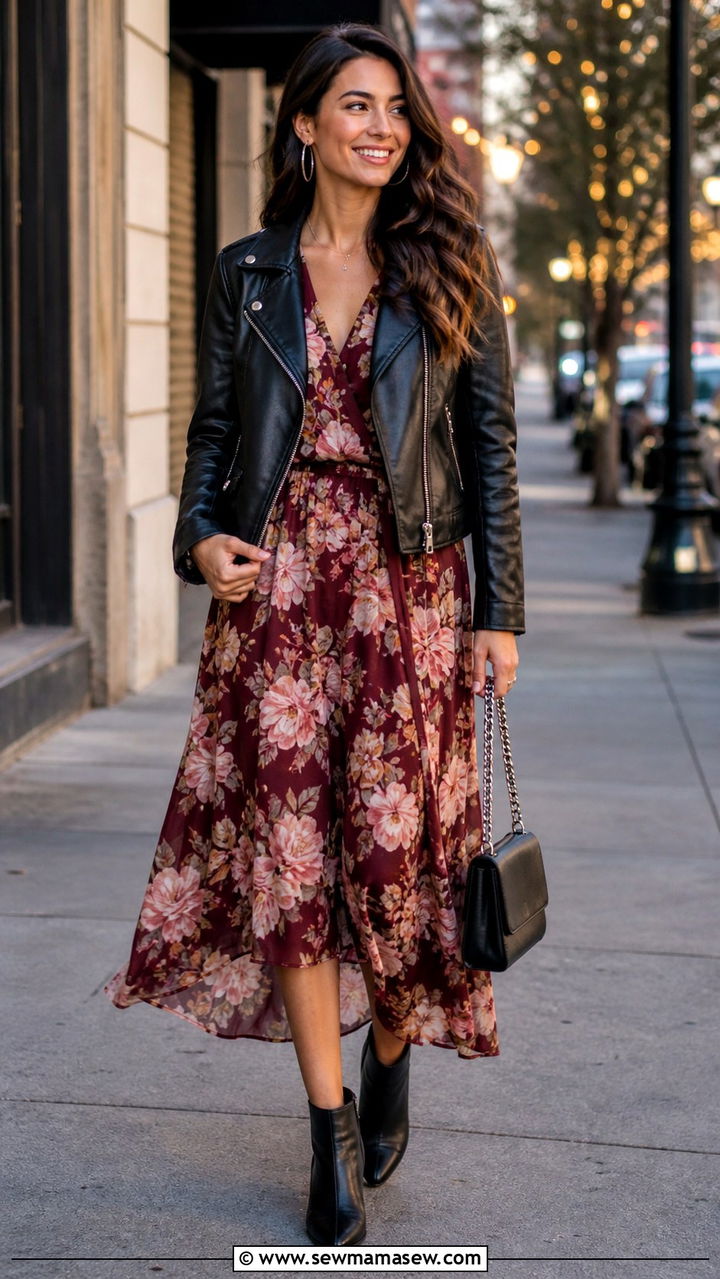 Leather Jacket and Floral Dress Spring Outfit - 40 Chic spring outfits