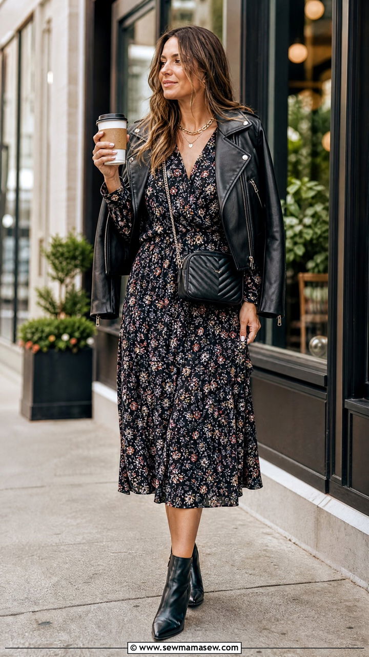 Leather Jacket and Floral Midi Dress Outfit - 30 brunch outfits ideas