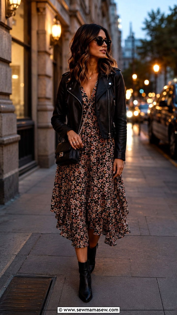 Leather Jacket and Floral Midi Dress Outfit - 30 spring outfit ideas aesthetic