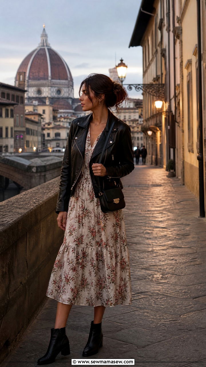 Leather Jacket and Floral Midi Dress for Cool Evenings - 35 Italy vacation outfit ideas 2026