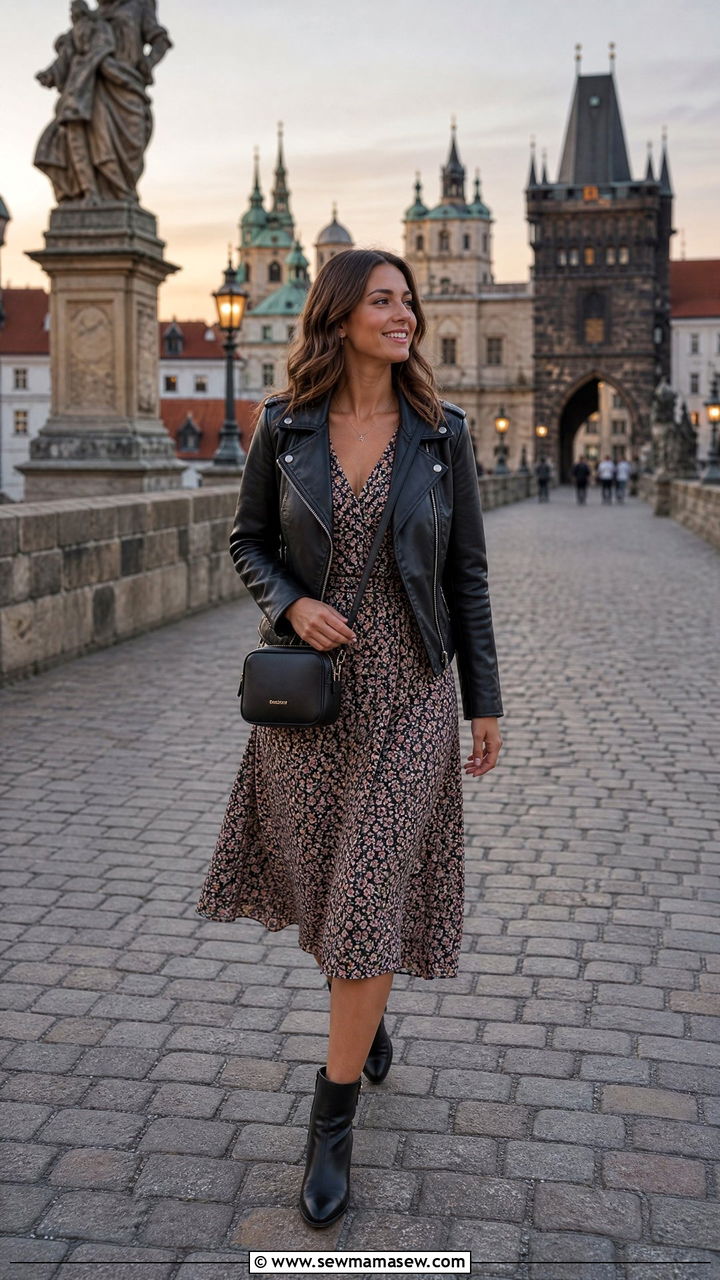 Leather Jacket and Floral Midi Dress - 20 Spring Europe packing outfits