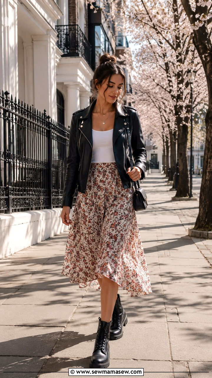 Leather Jacket and Floral Midi Skirt Spring Outfit - 30 spring outfits 2026 women casual