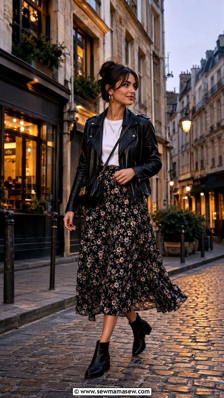 Leather Jacket and Floral Skirt Petite Paris Outfit - 25 Petite outfit ideas for Paris