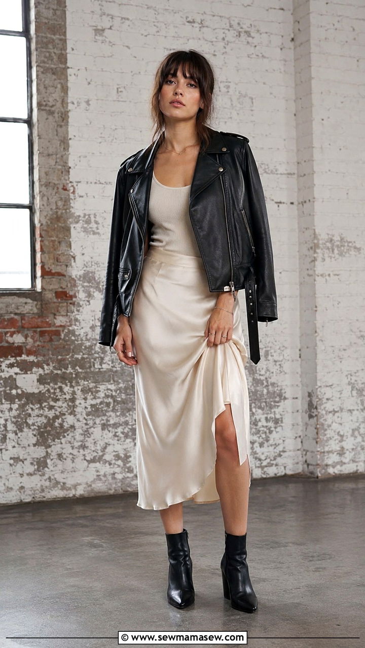 Leather Jacket and Flowy Skirt for Photoshoot - 25 Photoshoot outfits for midsize women