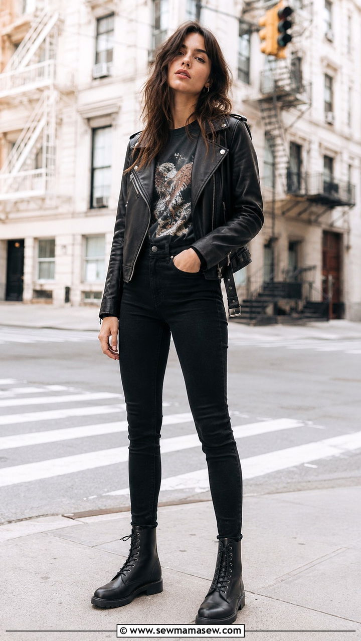 Leather Jacket and Graphic Tee with Black Skinny Jeans - 30 grunge outfits inspo
