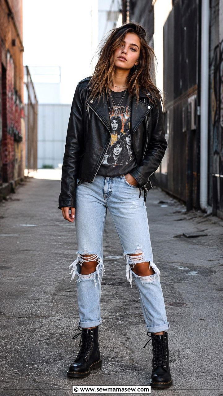 Leather Jacket and Graphic Tee with Ripped Jeans - 30 Trendy outfits for 17 year olds