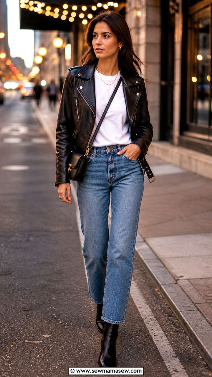 Leather Jacket and Jeans with Ankle Boots - 40 weekend outfit ideas for women