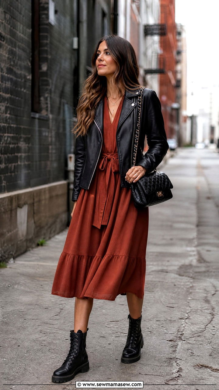 Leather Jacket and Midi Dress - 30 summer to fall outfit ideas