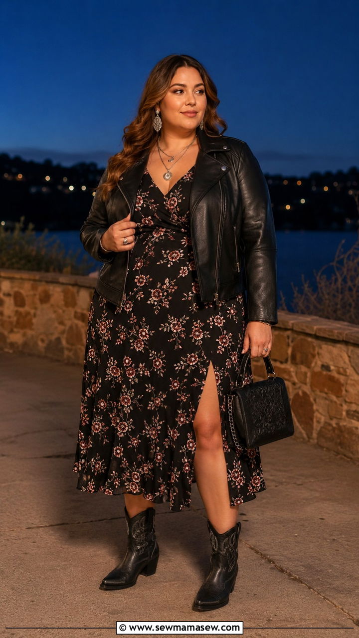 Leather Jacket and Midi Dress - 25 Plus size outfit ideas western