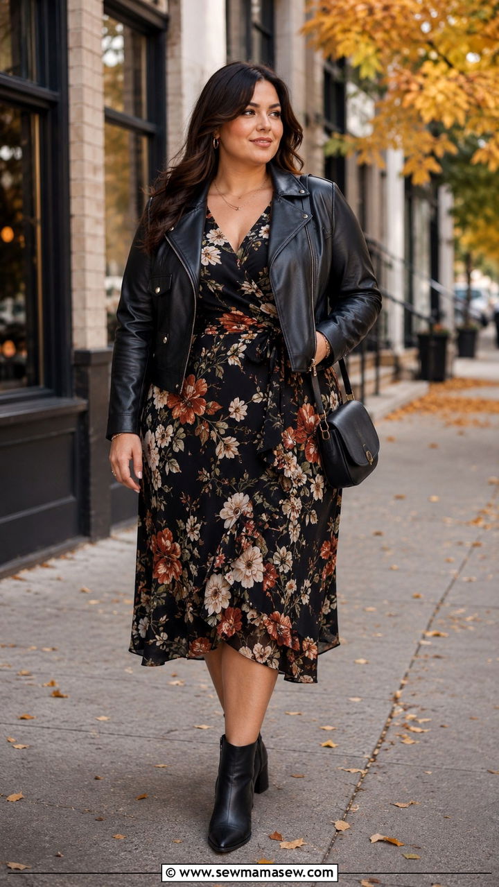Leather Jacket and Midi Dress for Size 14 Hourglass - 25 Outfit ideas for size 14 hourglass