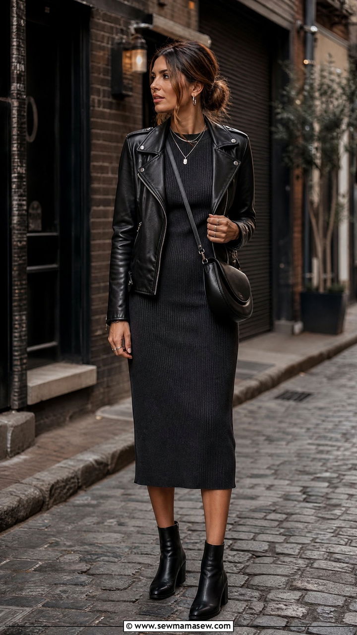 Leather Jacket and Ribbed Knit Dress With Boots - 20 Spring outfits for 65 degree weather
