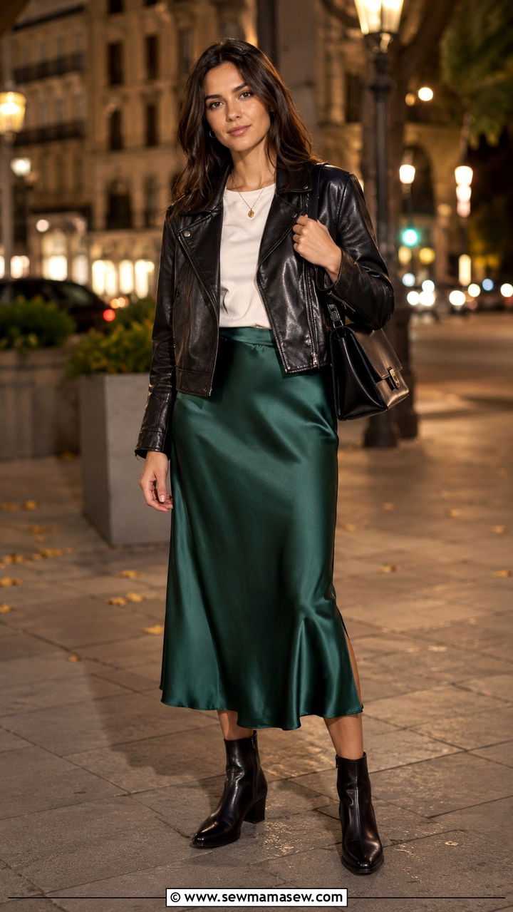 Leather Jacket and Satin Midi Skirt - 25 May outfits for women