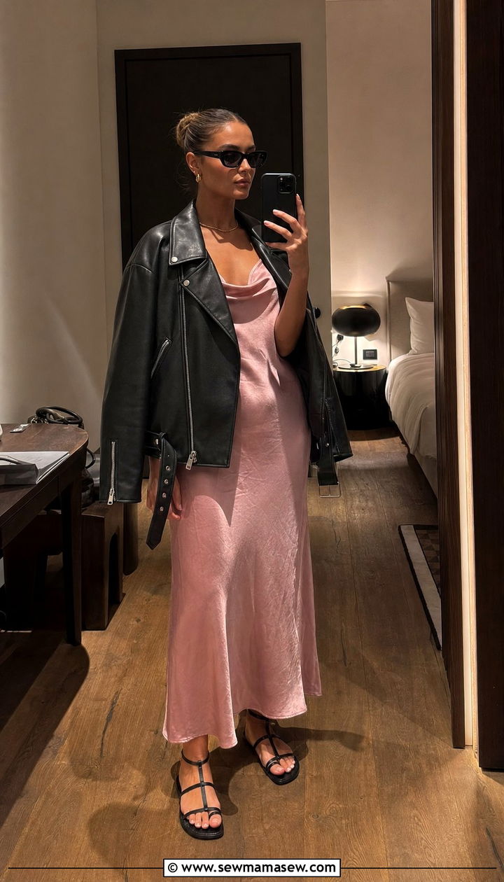 Leather Jacket and Slip Dress - 25 summer model off duty outfit ideas