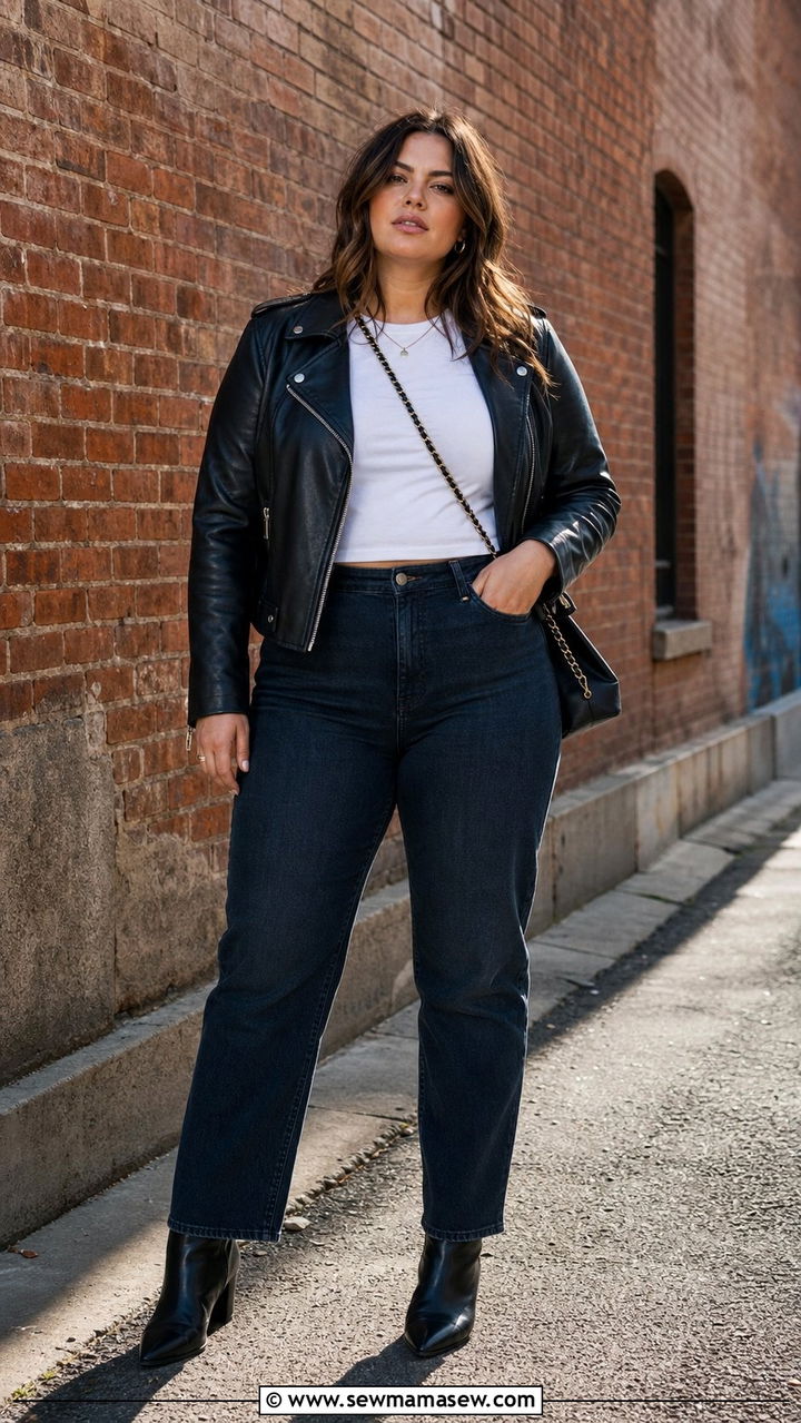 Leather Jacket and Straight Leg Jeans Outfit - 25 Cute outfits for midsize women