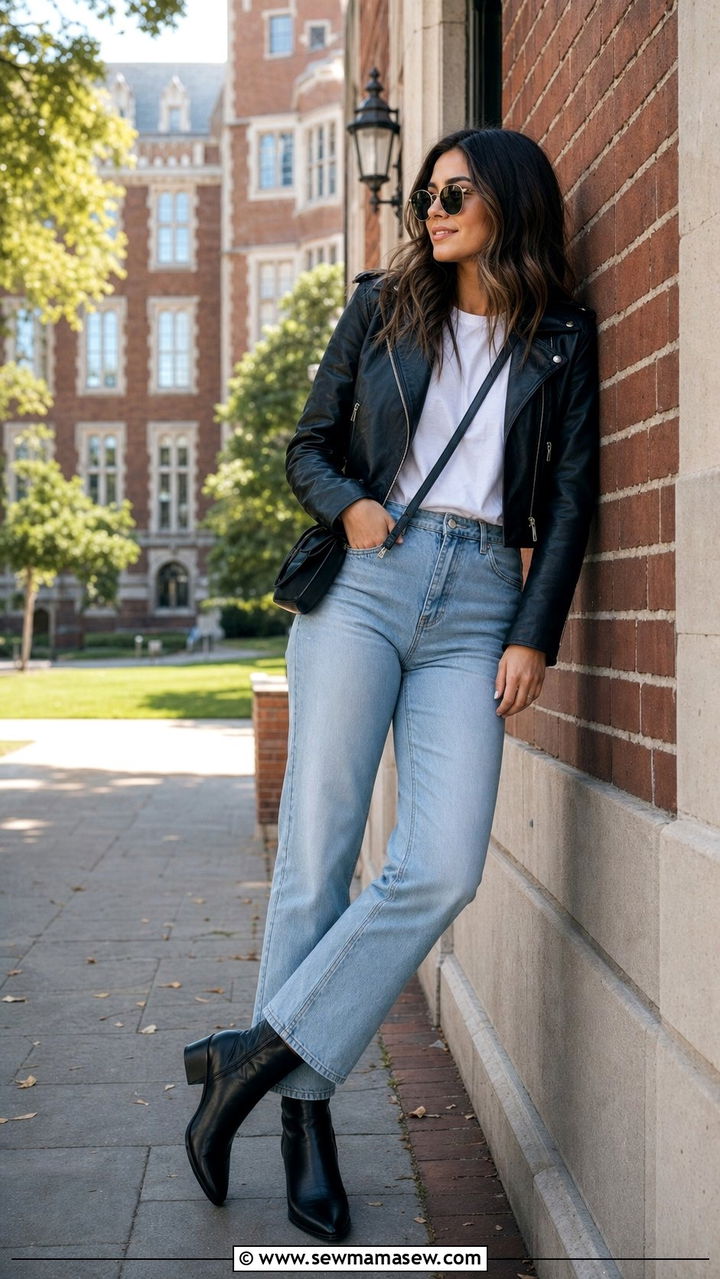 Leather Jacket and Straight Leg Jeans Outfit - 35 Back to school outfit ideas college freshman