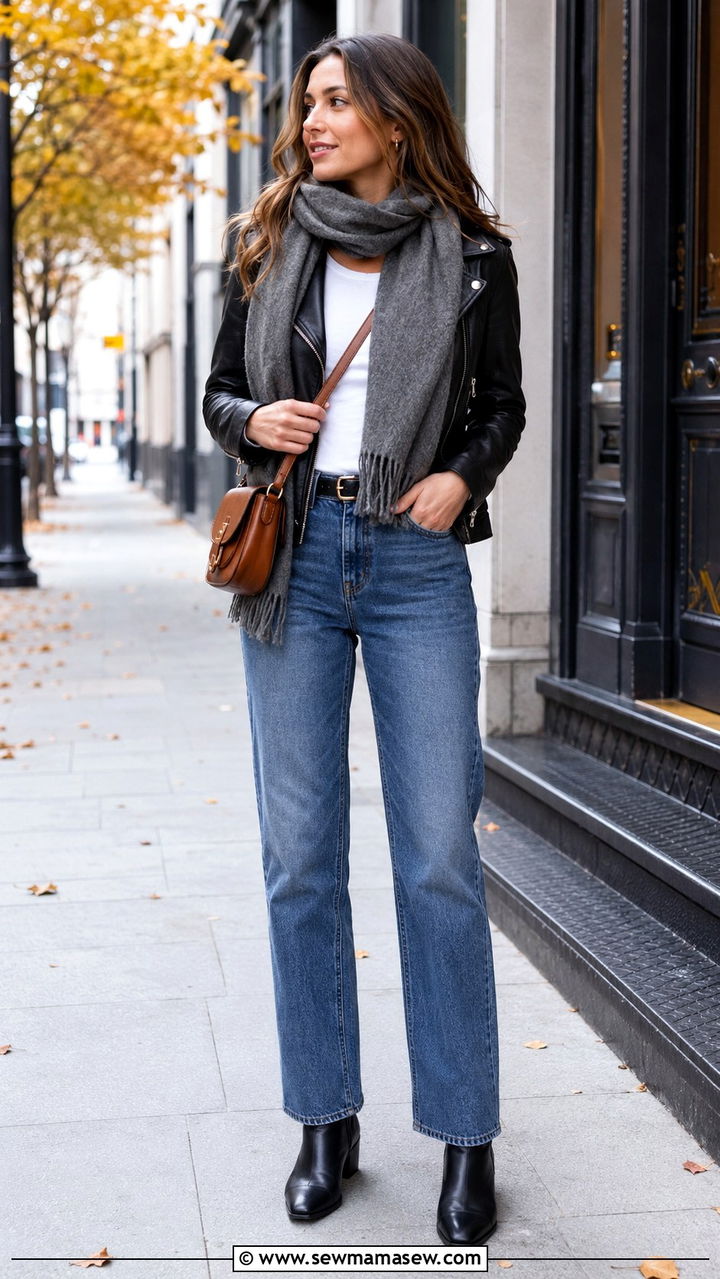 Leather Jacket and Straight Leg Jeans for Cool Weather Travel - 30 travel outfits 2026