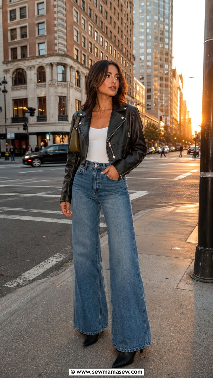 Leather Jacket and Wide Leg Jeans Outfit - 30 cute wide leg jeans outfits