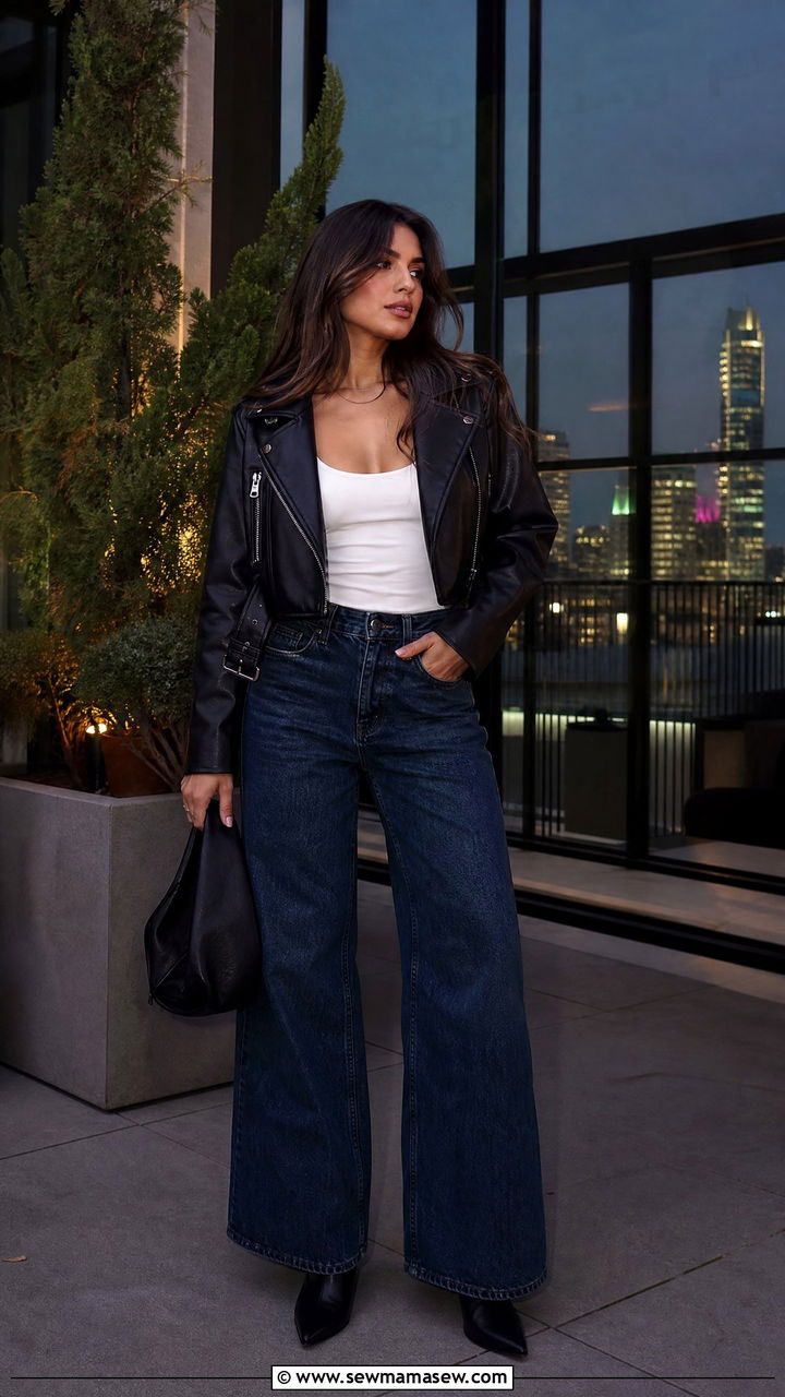 Leather Jacket and Wide Leg Jeans - 25 How to style wide leg jeans in spring