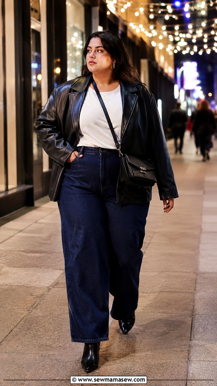 Leather Jacket and Wide Leg Pants Outfit - 30 Plus size outfit ideas with wide leg pants