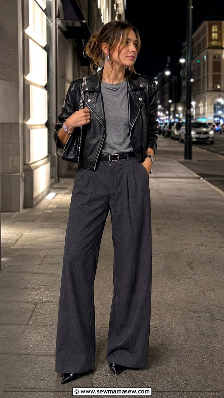 Leather Jacket and Wide Leg Pants Outfit - 30 cute wide leg pants outfits