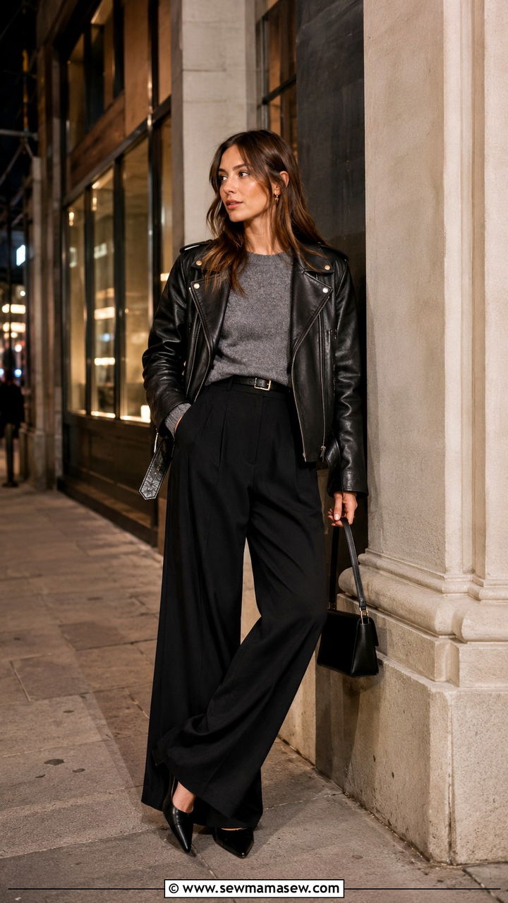 Leather Jacket and Wide Leg Trousers Outfit - 30 how to style wide leg pants outfits