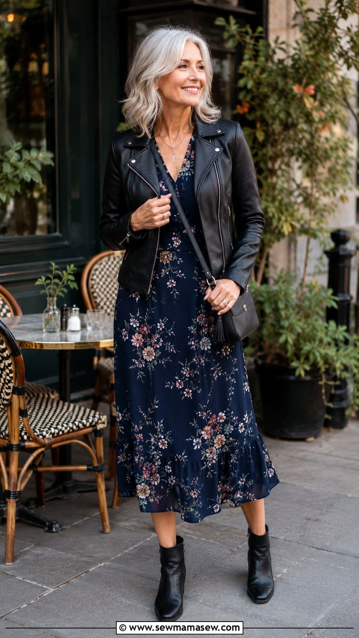 Leather Jacket over Floral Dress - 30 leather jacket outfits for women over 40