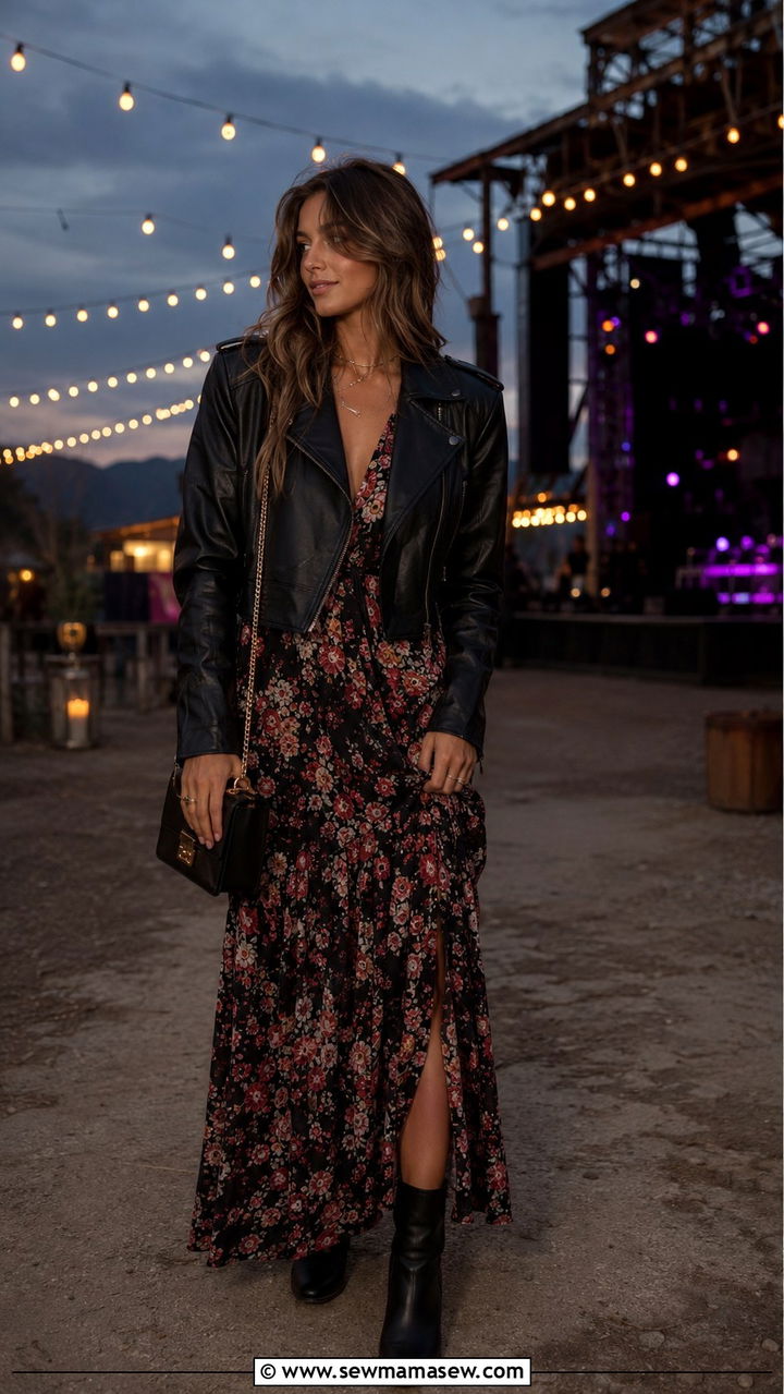 Leather Jacket over Floral Maxi Dress Outfit - 30 Late summer outfits