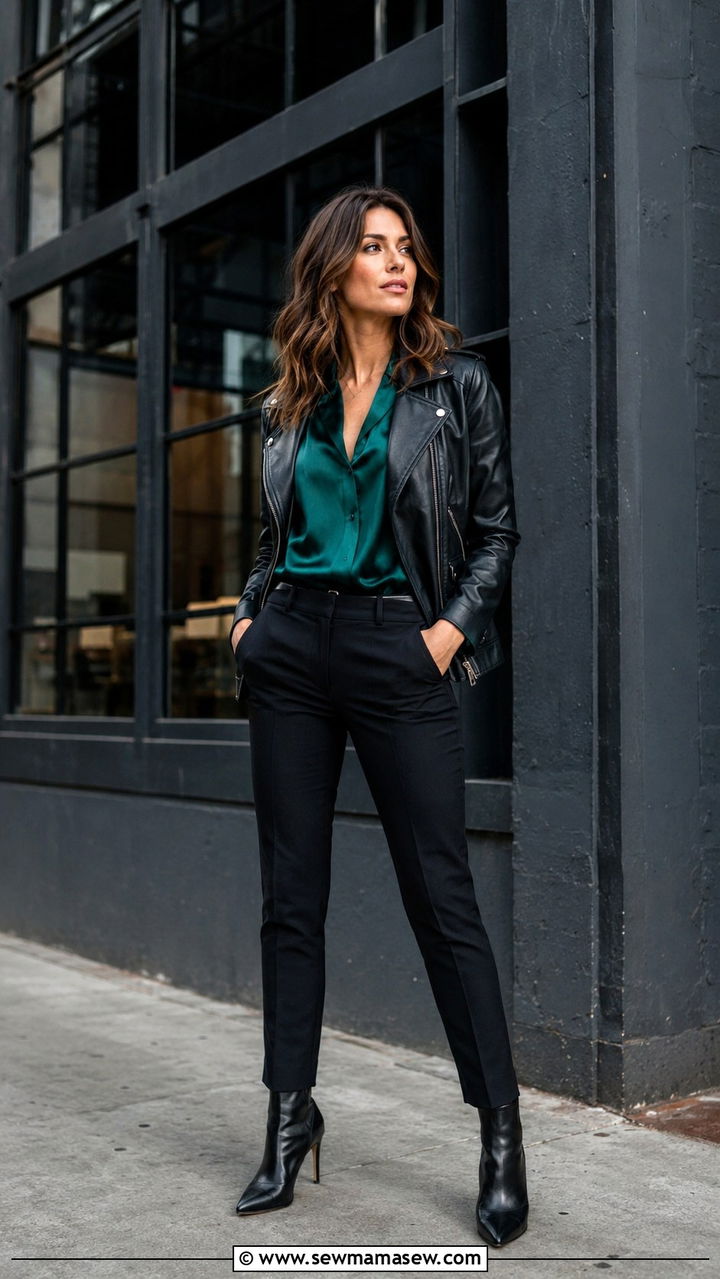 Leather Jacket over Silk Blouse with Dark Trousers - 30 LinkedIn photo outfit ideas