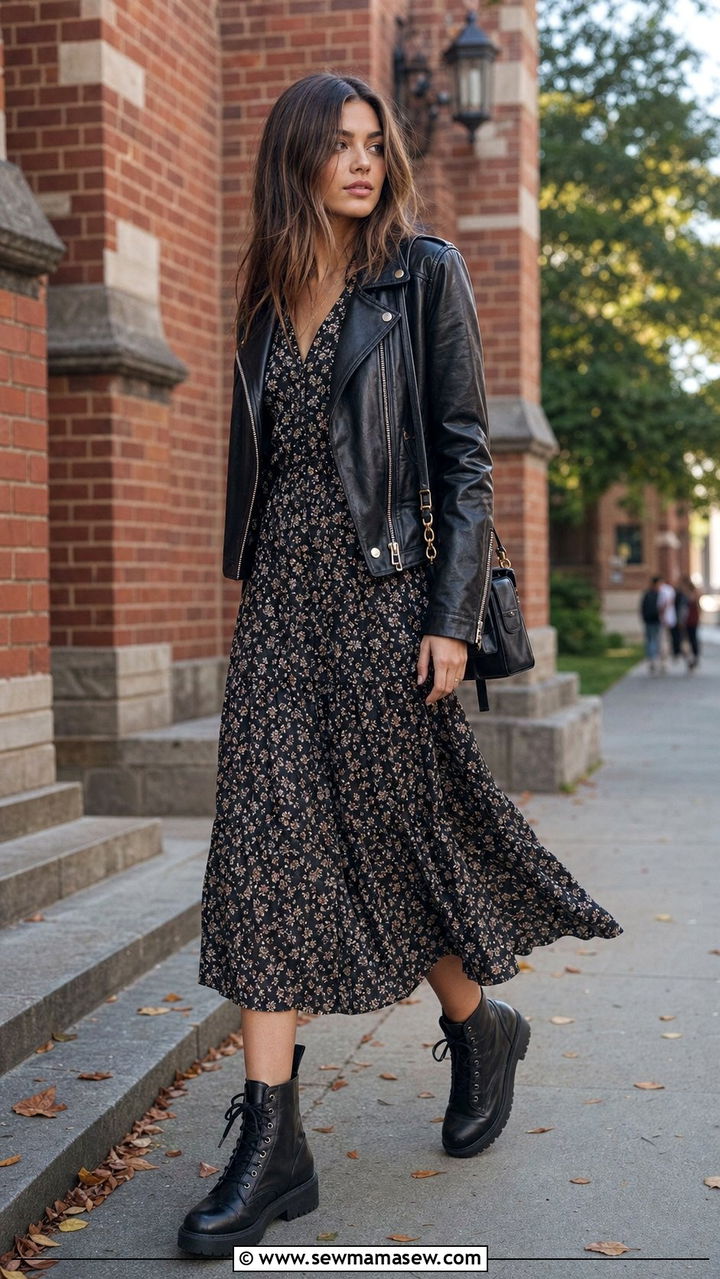Leather Jacket over a Flowy Midi Dress - 35 Back to school outfit ideas 2026