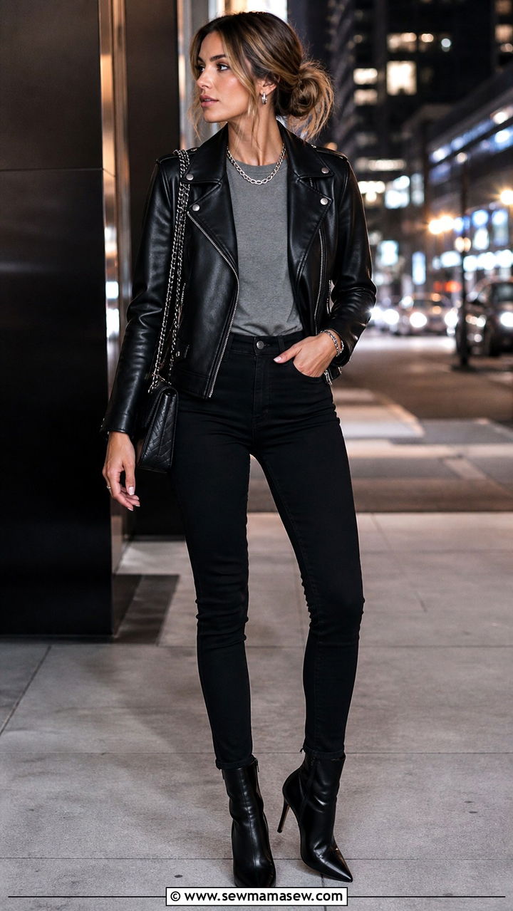 Leather Jacket with Black Skinny Jeans and Heeled Boots - 40 jeans outfit ideas for women
