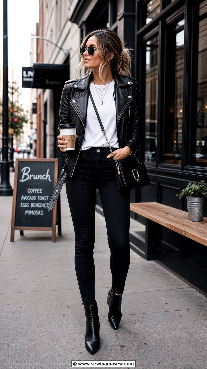 Leather Jacket with Black Skinny Jeans - 25 Brunch outfits with jeans