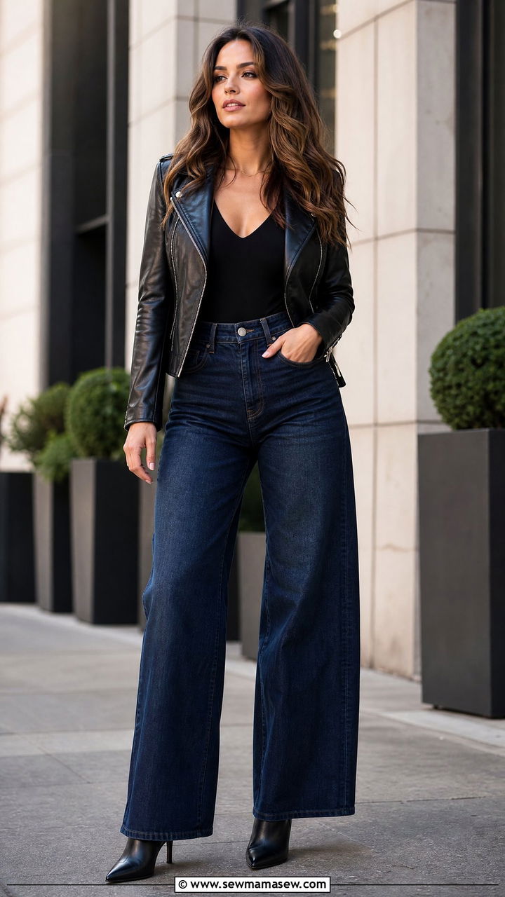 Leather Jacket with Bodysuit and Wide Leg Jeans - 25 Leather jacket outfit ideas for concerts
