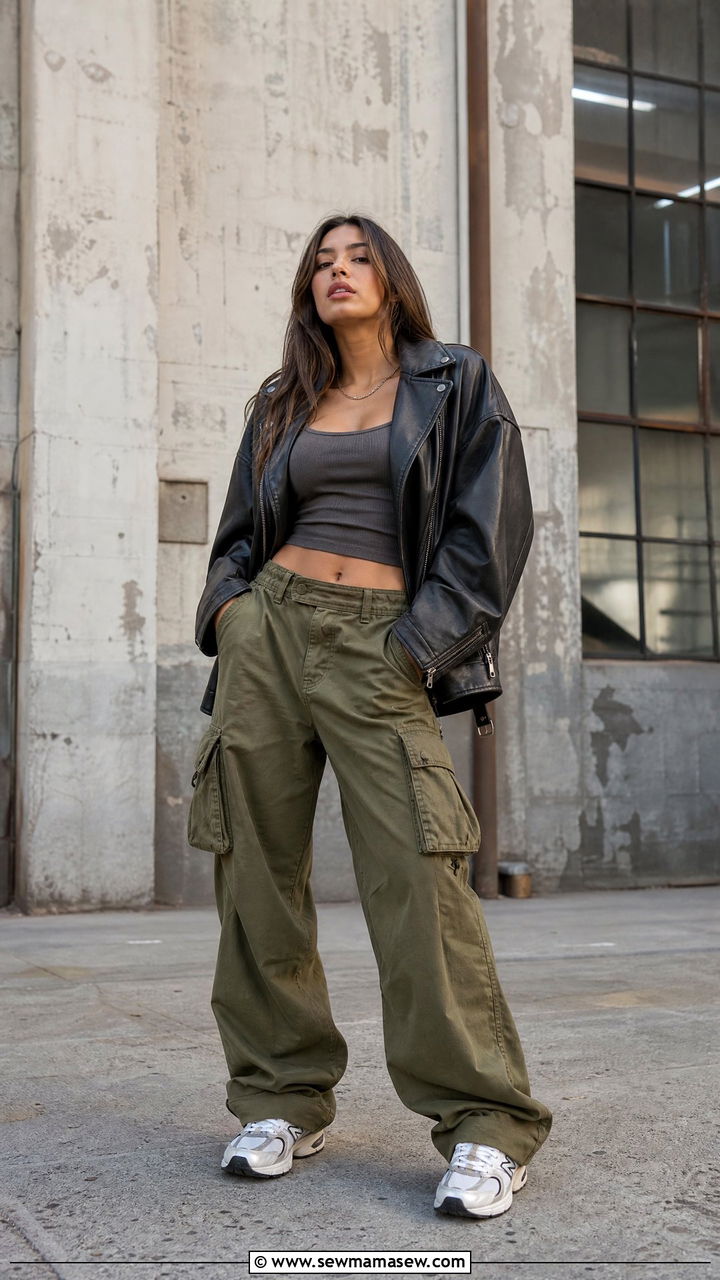 Leather Jacket with Cargo Pants and Fitted Tank - 25 Leather jacket outfit ideas for concerts