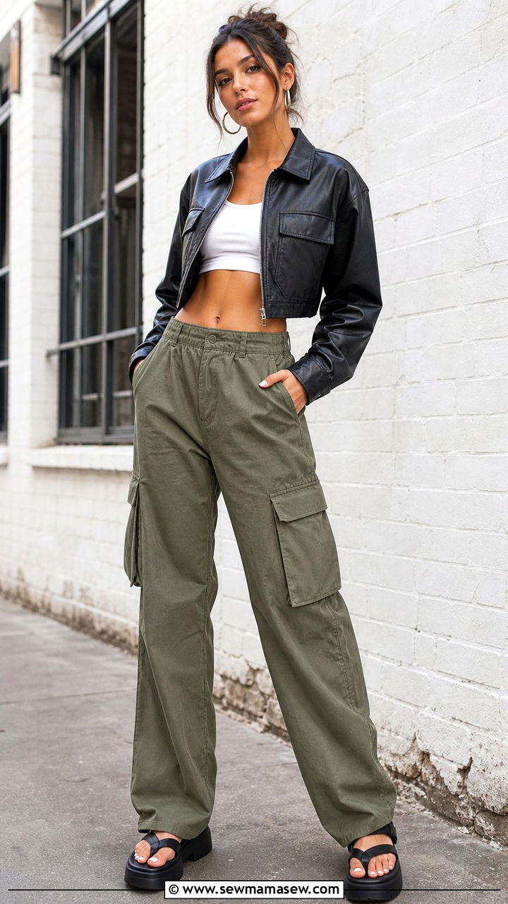 Leather Jacket with Cargo Pants and a Fitted Crop Top - 25 Summer outfits with leather jackets