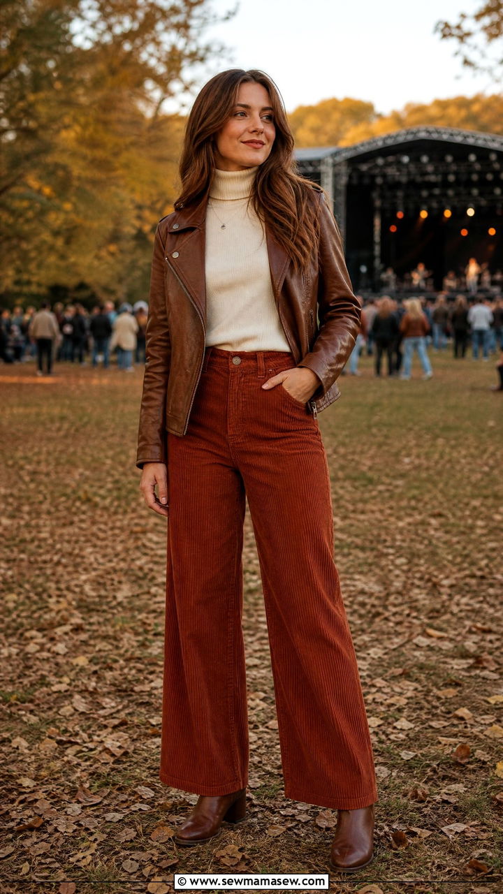 Leather Jacket with Corduroy Pants and Turtleneck - 25 Leather jacket outfit ideas for concerts