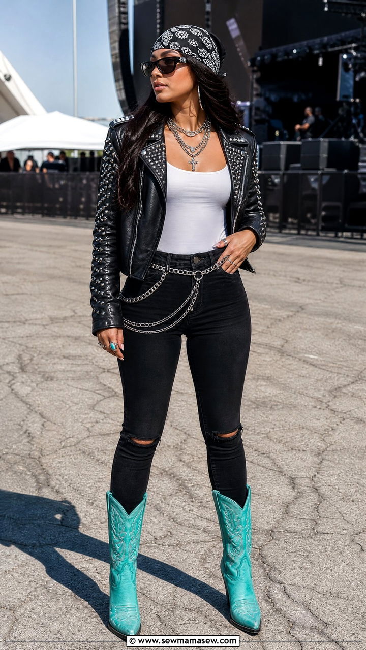 Leather Jacket with Cowboy Boots Rap Concert - 25 Rap concert outfit ideas