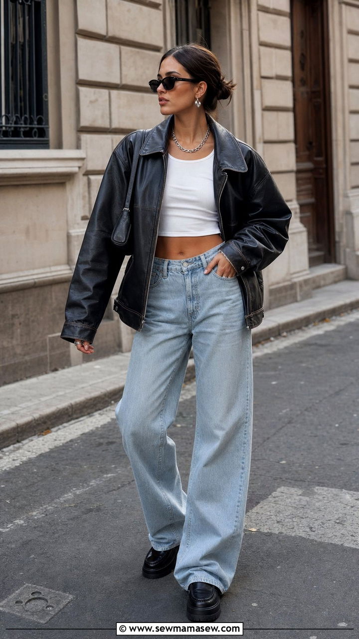 Leather Jacket with Crop Top and Barrel Leg Jeans - 25 cute trendy outfits