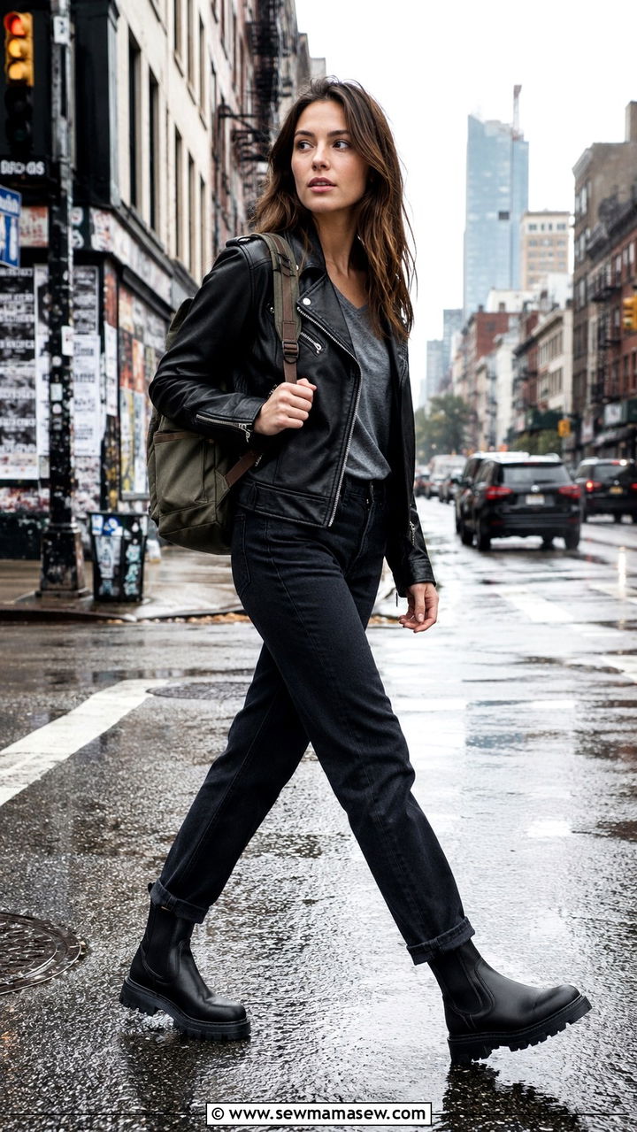 Leather Jacket with Dark Denim - 30 Rainy vacation outfit ideas
