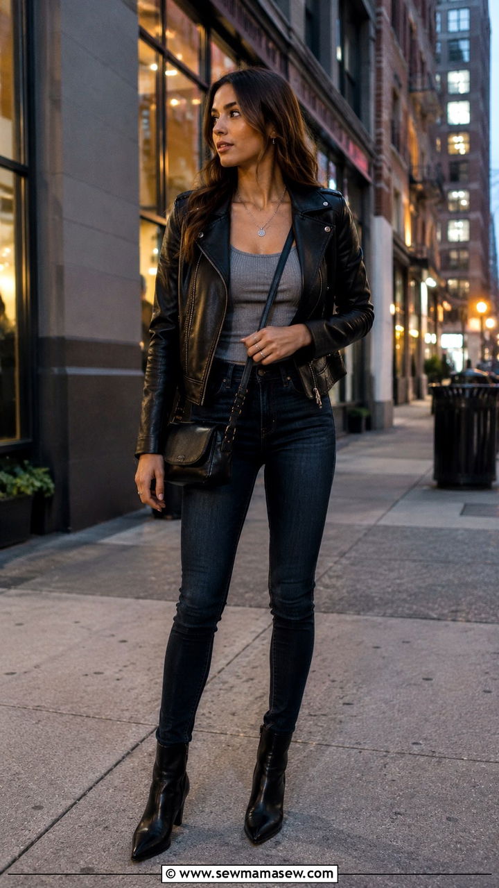 Leather Jacket with Dark Wash Skinny Jeans and Boots - 30 Spring outfits with jeans