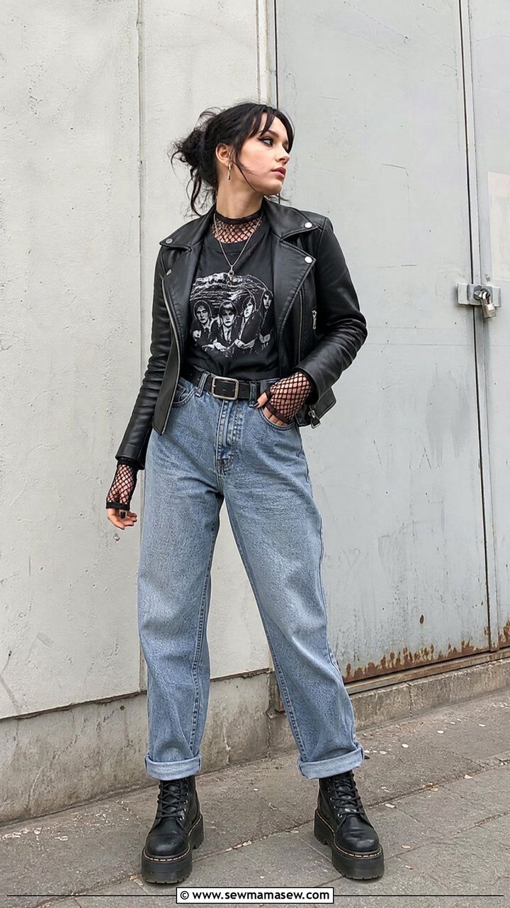 Leather Jacket with Fishnet Top and High Waist Jeans - 25 Leather jacket outfit ideas for concerts
