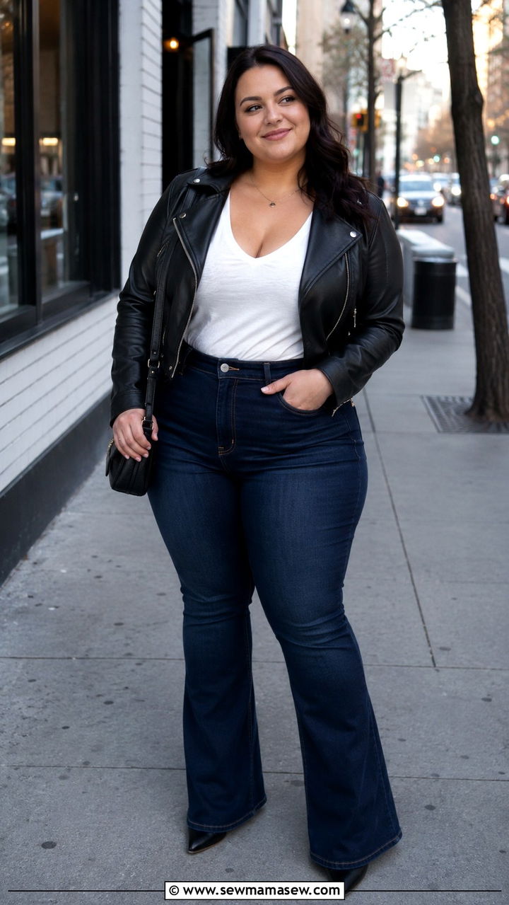 Leather Jacket with Flared Jeans - 20 Petite plus size outfit ideas 20