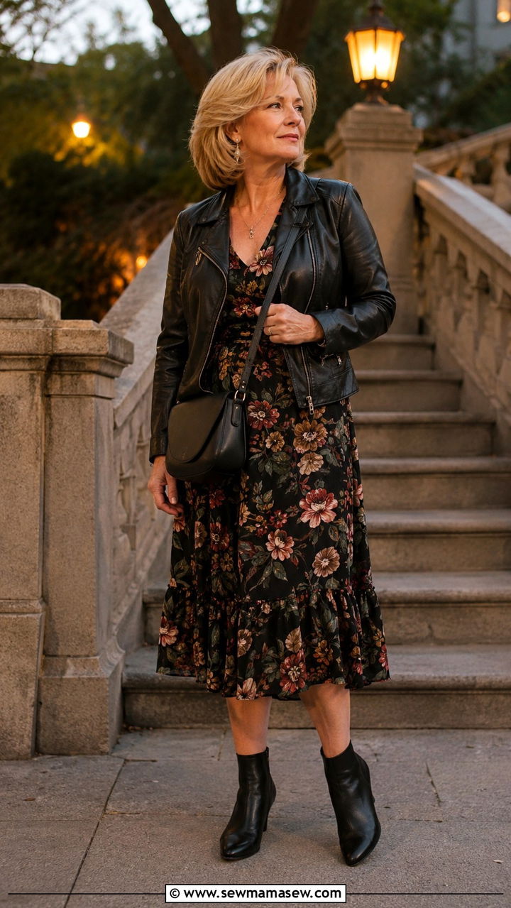 Leather Jacket with Floral Dress Over 50 - 30 Chic outfit ideas for women over 50